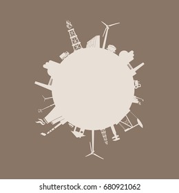 Circle with industry relative silhouettes. Vector illustration. Objects located around the circle. Industrial design background.