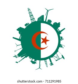 Circle with industry relative silhouettes. Vector illustration. Objects located around the circle. Industrial design background. Algeria flag in the center.