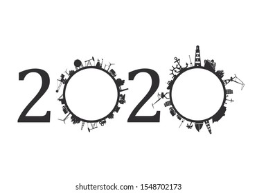 Circle with industry and sea shipping silhouettes. Objects located around the circle. Industrial design background. 2020 year number