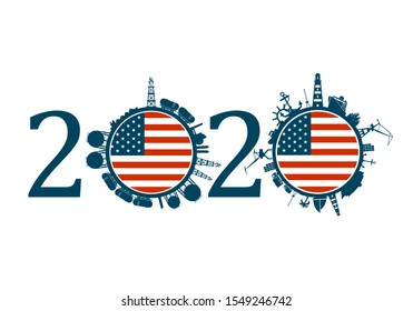 Circle with industry and sea shipping silhouettes. Objects located around the circle. Industrial design background. 2020 year number. Flag of the USA