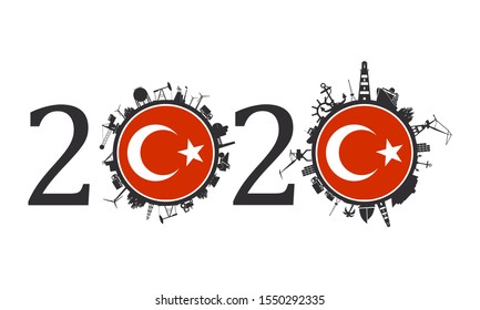 Circle with industry and sea shipping silhouettes. Objects located around the circle. Industrial design background. 2020 year number. Flag of the Turkey