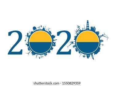 Circle with industry and sea shipping silhouettes. Objects located around the circle. Industrial design background. 2020 year number. Flag of the Ukraine