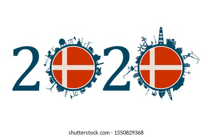 Circle with industry and sea shipping silhouettes. Objects located around the circle. Industrial design background. 2020 year number. Flag of the Denmark