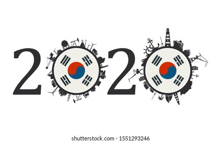 Circle with industry and sea shipping silhouettes. Objects located around the circle. Industrial design background. 2020 year number. Flag of the South Korea