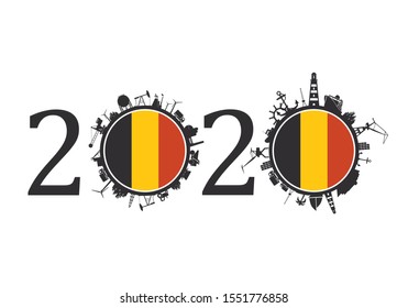 Circle with industry and sea shipping silhouettes. Objects located around the circle. Industrial design background. 2020 year number. Flag of the Belgium