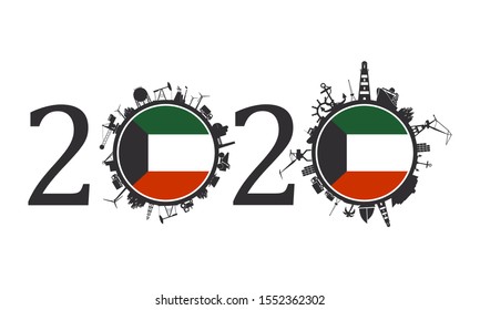 Circle with industry and sea shipping silhouettes. Objects located around the circle. Industrial design background. 2020 year number. Flag of the Kuwait
