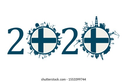 Circle with industry and sea shipping silhouettes. Objects located around the circle. Industrial design background. 2020 year number. Flag of the Finland