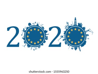 Circle with industry and sea shipping silhouettes. Objects located around the circle. Industrial design background. 2020 year number. Flag of the European Union