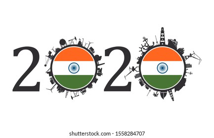 Circle with industry and sea shipping silhouettes. Objects located around the circle. Industrial design background. 2020 year number. Flag of the India