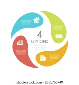 Circle Infografik mit 4 Schritten oder Optionen. Infografiken-Vorlage für Geschäftskonzept mit Pfeil kann für Layout, Präsentationen, Banner, Runddiagramm oder Graphen verwendet werden. Vektorgrafik