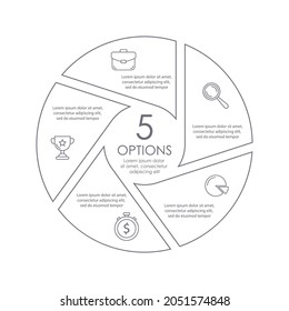 Circle infographic with 5 steps or options. Outline Infographics template for business concept can be used for layout, presentations, banner, round diagram or graph. Vector illustration