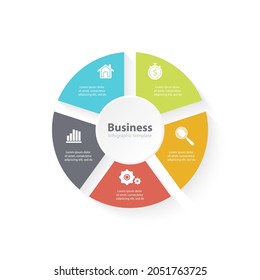 Circle infographic with 5 steps or options. Infographics template for business concept with arrow can be used for layout, presentations, banner, round diagram or graph. Vector illustration