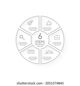 Circle Infografik mit 6 Schritten oder Optionen. Outline Infografik-Vorlage für Geschäftskonzepte kann für Layout, Präsentationen, Banner, Runddiagramm oder Graphen verwendet werden. Vektorgrafik