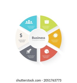 Circle infographic with 6 steps or options. Infographics template for business concept with arrow can be used for layout, presentations, banner, round diagram or graph. Vector illustration