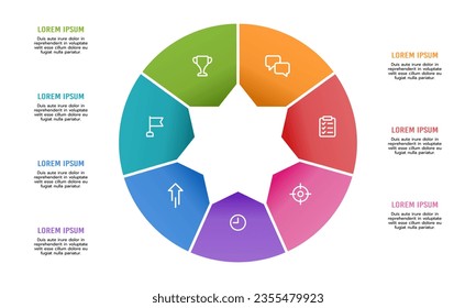 Circle infographic 7 processes. The pie chart is divided into 7 parts. Vector illustration.