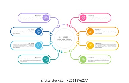 Circule infográfico com 8 opções coloridas modelo de design. Apresentação de negócios, comunicação, organização e projeto. Ilustração vetorial.