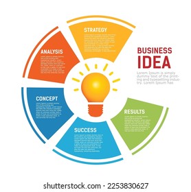 Circle Infographic Business idea for business. 5 step chart info graphic. Glowing light bulb on a white background. Concept idea or insight. Vector illustration. 