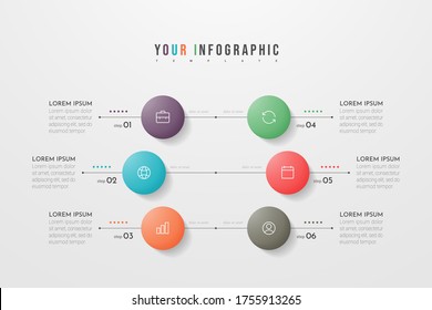 Infografía del círculo. Diseño conceptual con 6 opciones, pasos o procesos. Se puede utilizar para el diseño de flujos de trabajo, informes anuales, diagramas de flujo, diagramas, presentaciones, sitios web, banners, materiales impresos.