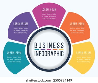 Circle Diseño infográfico 5 Pasos, objetos, Elementos u opciones Plantilla de información empresarial