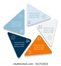 Circle infographic design template with 5 angles. Pentagon banner with 5 triangle options. Template for diagram, graph, presentation or chart. Business concept sequence banner. EPS10 layout.