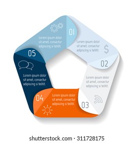 Circle infographic design template with 5 angles. Pentagon banner with 5 options. Template for diagram, graph, presentation or chart. Business concept sequence banner. EPS10 workflow layout.