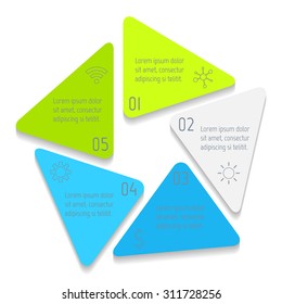 Circle infographic design template with 5 angles. Pentagon banner with 5 triangle options. Template for diagram, graph, presentation or chart. Business concept sequence banner. EPS10 layout.