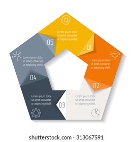 Circle infographic design template with 5 angles. Pentagon banner with 5 options. Template for diagram, graph, presentation or chart. Business concept sequence banner. EPS10 workflow layout.
