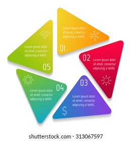 Circle infographic design template with 5 angles. Pentagon banner with 5 triangle options. Template for diagram, graph, presentation or chart. Business concept sequence banner. EPS10 layout.