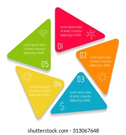 Circle infographic design template with 5 angles. Pentagon banner with 5 triangle options. Template for diagram, graph, presentation or chart. Business concept sequence banner. EPS10 layout.