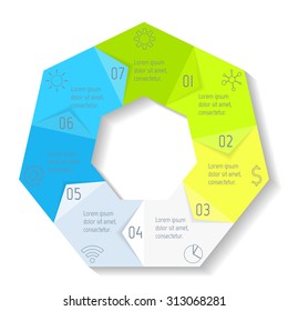 Circle infographic design template with 7 angles. Round banner with 7 options. Template for diagram, graph, presentation or chart. Business concept sequence banner. EPS10 workflow layout.