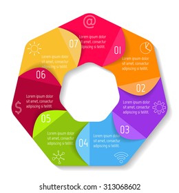 Circle infographic design template with 7 angles. Round banner with 7 options. Template for diagram, graph, presentation or chart. Business concept sequence banner. EPS10 workflow layout.