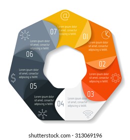 Circle infographic design template with 7 angles. Round banner with 7 options. Template for diagram, graph, presentation or chart. Business concept sequence banner. EPS10 workflow layout.