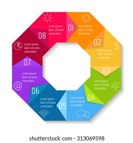 Circle infographic design template with 8 angles. Round banner with 8 options. Template for diagram, graph, presentation or chart. Business concept sequence banner. EPS10 workflow layout.
