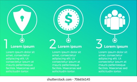 Circle infographic design template with icons of guard, coin and people on the green-blue background.