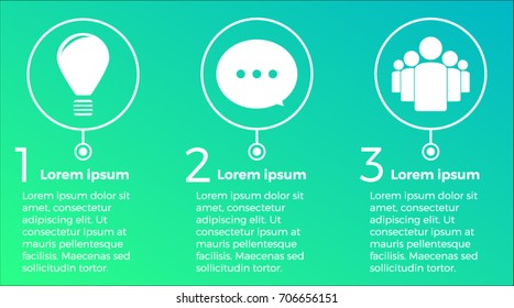 Circle infographic design template with icons of bulb/idea, chat/conversation and people on the green-blue background.
