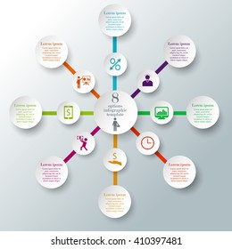 Circle infographic design template. Modern colorful business concept with 8 options, parts, steps or processes.Template for cycle diagram, graph, presentation and round chart. Origami style