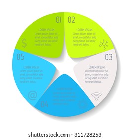 Circle infographic design templates with 5 parts. Round banner with options. Template for diagram, graph, presentation or chart. Business concept sequence banner. EPS10 workflow layout.