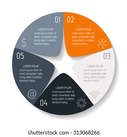Circle infographic design templates with 5 parts. Round banner with options. Template for diagram, graph, presentation or chart. Business concept sequence banner. EPS10 workflow layout.