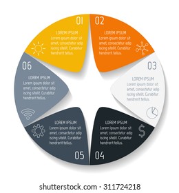 Circle infographic design templates with 6 parts. Round banner with options. Template for diagram, graph, presentation or chart. Business concept sequence banner. EPS10 workflow layout.