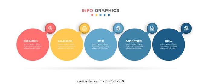 Elementos de la infografía circular para la presentación de empresas, informe anual. Proceso de línea de tiempo con 5 opciones, pasos, partes. Ilustración vectorial.