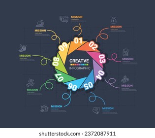 Circle Infographic elements design with 9 options or steps. Infographics for business concept. Can be used for presentation banners, workflow layout, process diagram, flow chart, info graph. EPS Vecto