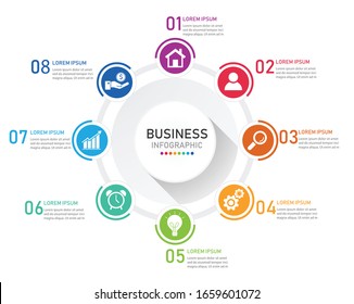 Circle infographic modern template with 8 option on white background. Process chart diagram for presentation.Vector illustration flat design.