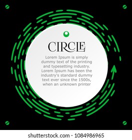 Circle infographic for the presentation. Bright green dotted line under white page of paper on black background. Template for cover. Vector illustration.