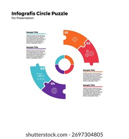 Infografía de círculo con rompecabezas dividido en 4 pasos para presentar información comercial, carteles, Web, anual, portada, perfil de la empresa de libros.