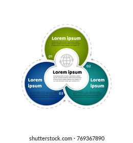 Circle infographic template. 3 colorful rounds with central element. For presentation and reports. Vector illustration.