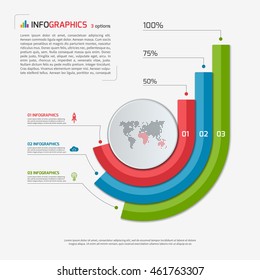 Circle infographic template with 3 options. Growing bar chart. Business concept. Vector illustration.
