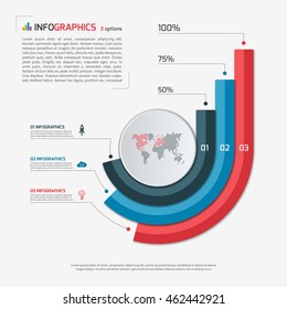 Circle infographic template with 3 options. Growing bar chart. Business concept. Vector illustration.