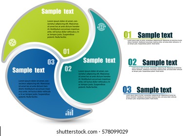 Circle infographic template with 3 steps. Parts of the chart  with icons and numbers. Titles and inscriptions steps separate in right side. For presentation and design concept. Vector illustration.	