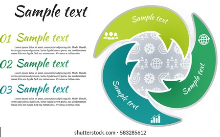 Circle infographic template 3 steps. Arrow shape parts of chart with business picture and curve text sample. Icon pattern background. Numbers and inscription outside graph. Vector illustration.