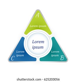 Circle infographic template with 3 steps and central element in form of a triangle. For presentation and design concept. Vector illustration.